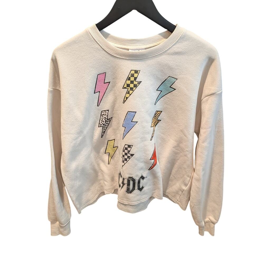 AC/DC Lightning Bolt Cropped Sweatshirt Cream Small Rock Band Graphic